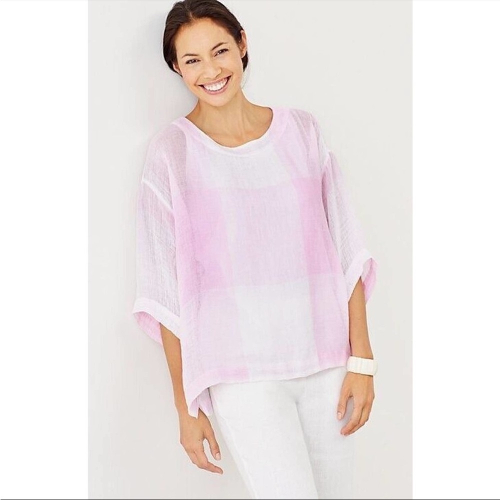J. JILL Linen Top Women’s Pink Gauzy Plaid Airy-Weave Boxy Kimono Size Medium